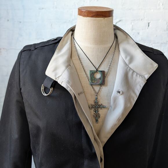 Vintage Black Trench Coat Longline Minimalist Wool Coat Duster Jacket Medium - Picture 7 of 9